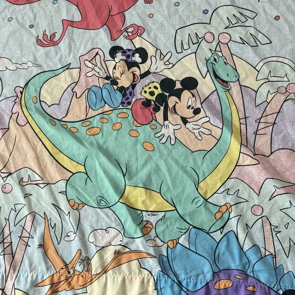 Vintage Disney Mickey Minnie Mouse Dinosaur Flat Sheet Twin 90s Prehistoric Bed‎